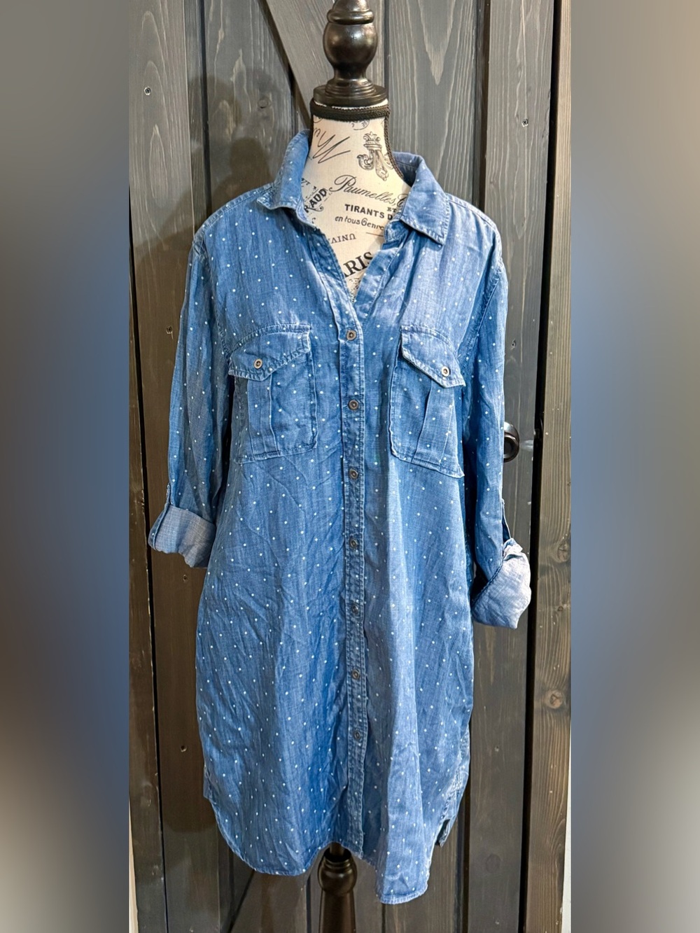 Philosophy Blue Polka denim Dot Button-Up Shirt Dress with pockets